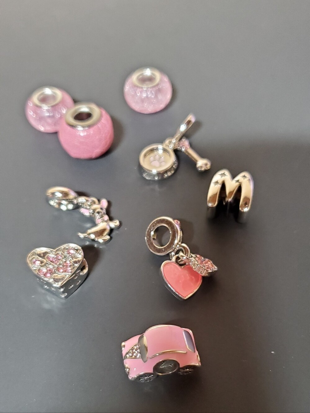 Lot of 9 Brand New Pink & Silver Tone European Charm Bead Dangles & Spacers - Picture 4 of 5